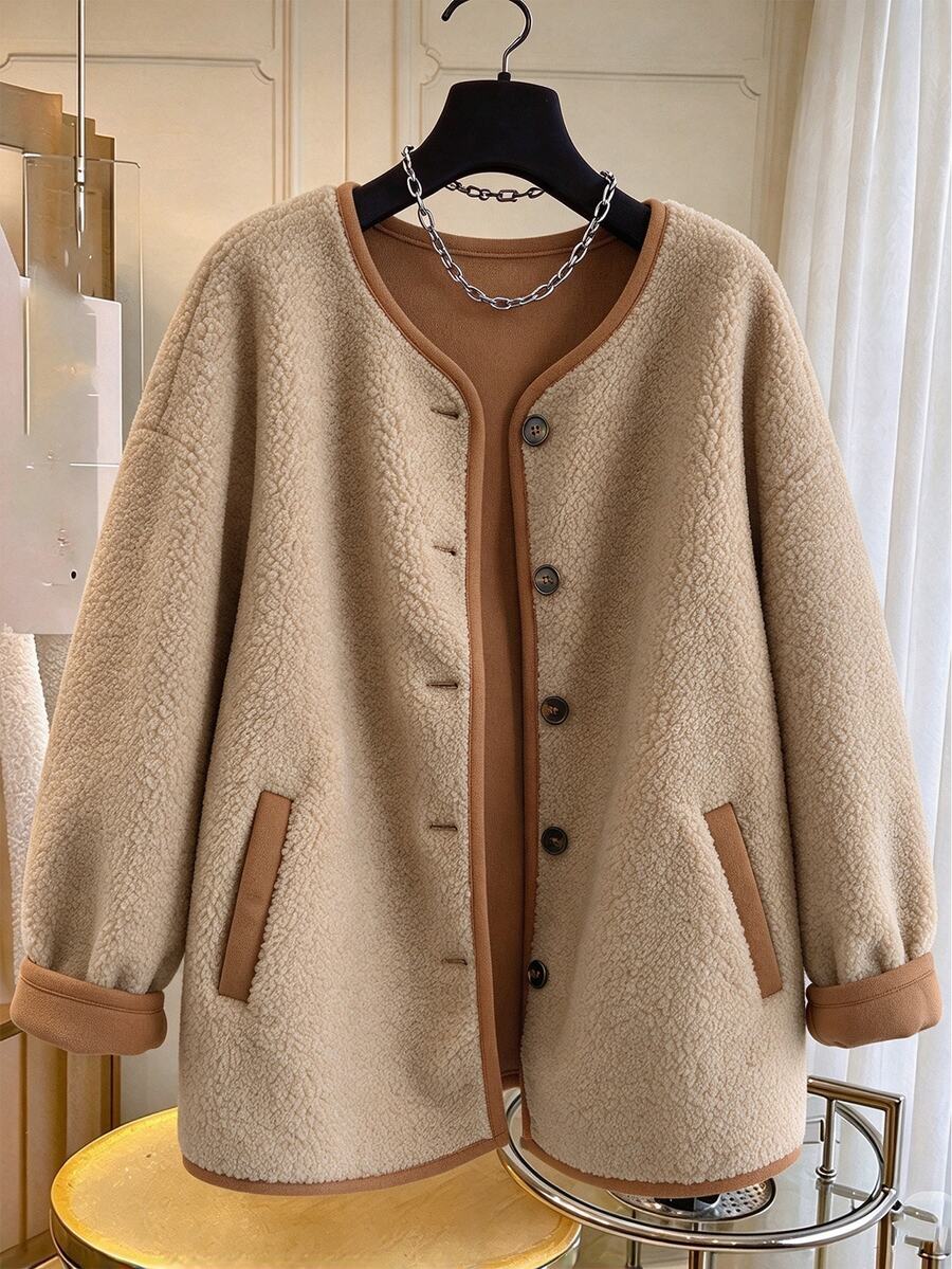 SHEIN LUNE CURVE 大尺碼女款長袖秋冬拼接配色羊羔毛圓領開襟單排扣寬鬆休閒優雅夾克 - 棕色 - 查看 1