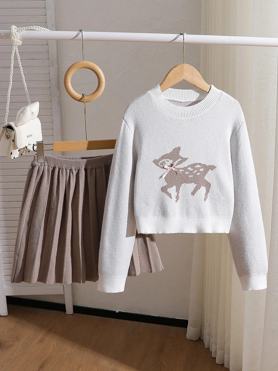 Tween Girl Jacquard Bow Decor Long Sleeve Sweater And Knitted Pleated Skirt Set - Khaki - View 1