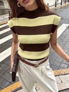 Firerie Elegant High Neck Loose Casual Versatile Sleeveless Knitted Striped Sweater Vest, Suitable For Dating, Chic - White - View 11
