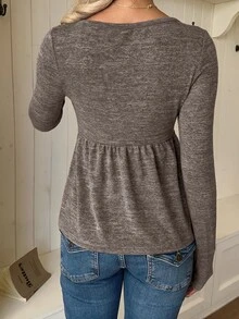 CovetEZ 女款對比蕾絲心形領長袖休閒浪漫蕾絲襯衫，白色，適合早午餐約會，秋季 - 棕色 - 查看 2