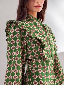 Nöista Geometric Print Ruffle Trim Jumpsuit - Green - View 4