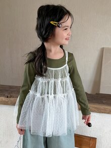 Dazy Kids Young Girl 2-In-1 Faux Layered Patchwork Casual Daily Long Sleeve T-Shirt - Green - View 6