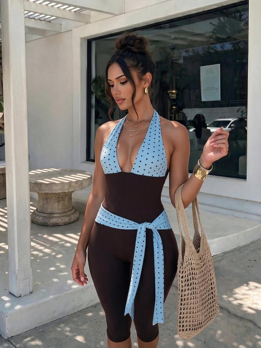 Sirith Women's Spring/Summer Solid Color Polka Dot Random Print Sweet & Spicy Halter Neck Deep V Tie-Up Sports One-Piece Jumpsuit - Multicolor - View 1