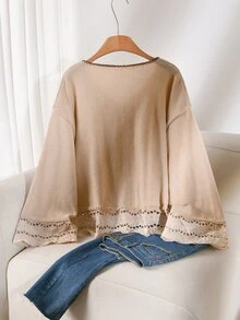 CosyJoli Plus Size Elegant French Casual Houndstooth Patchwork Woven & Knit Contrast Color Bow Cardigan Autumn/Winter Jacket For Women - Apricot - View 3