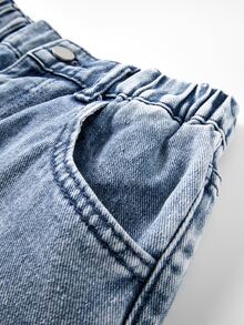 Tween Girl New Casual Fashion Minimalist Versatile All-Season Medium Blue Washed Denim Classic 5-Pocket Straight Leg Wide Leg Jeans With Faux Embroidery Rabbit Digital Print Design, Cotton Soft Loose Fit, Suitable For Daily Wear And Vacation - Medium Wash - View 4