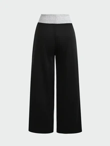 SHEIN 青少年女孩秋冬休閒基礎極簡風羅紋腰鬆寬腿抽繩運動長褲 混色灰 - 黑色 - 查看 2