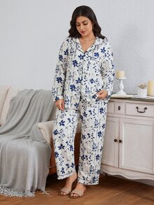 Serenescape Plus Size Printed Lapel Collar Open Front Long Sleeve Pants Pajama Set - Multicolor - View 3