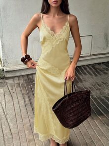 Firerie 女款蕾絲拼接性感約會長版細肩帶洋裝 - 淡黃色 - 查看 5
