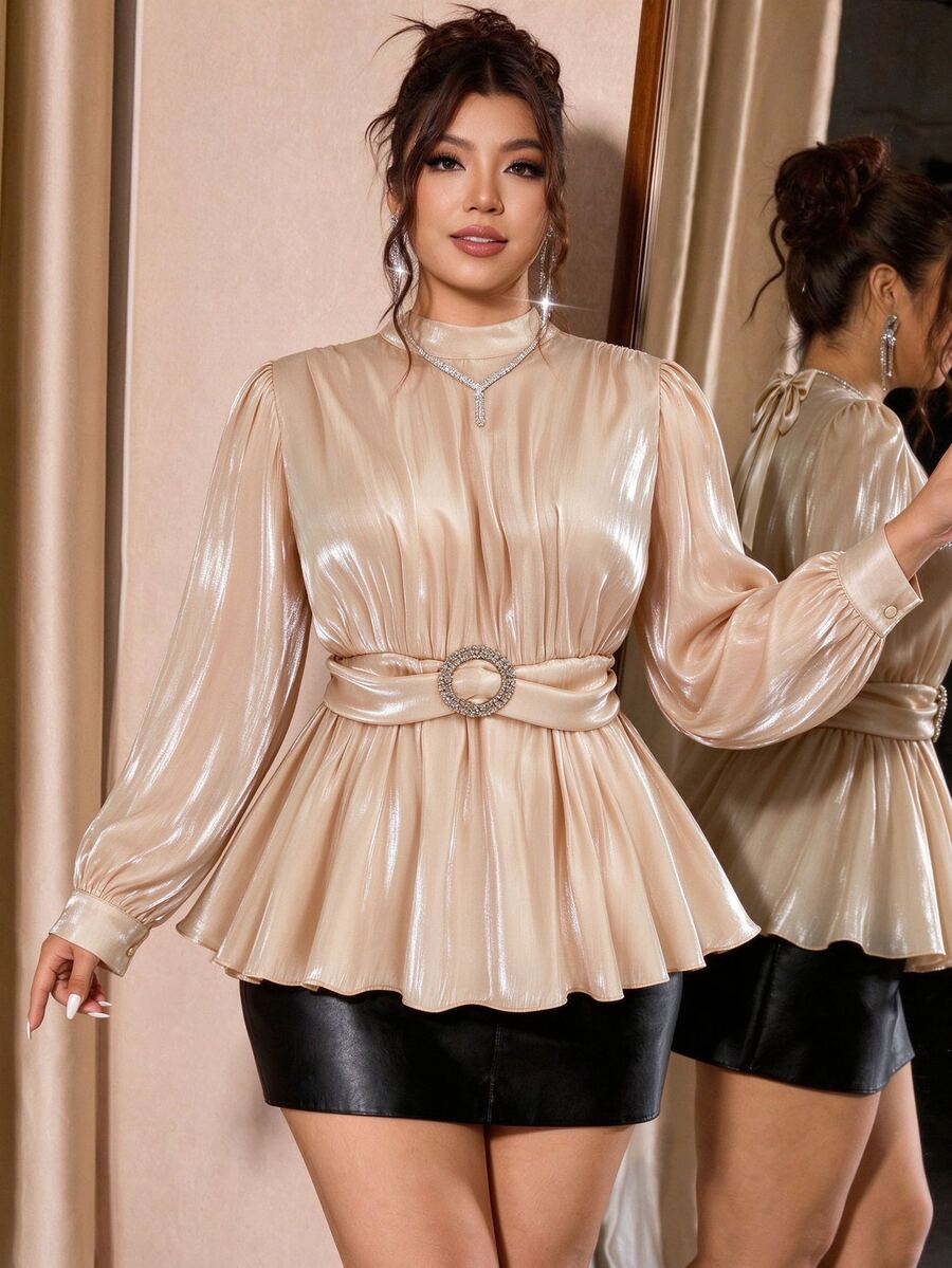 Allurite Plus Size Women's Autumn Solid Color Satin Metallic Luster Elegant Party Waist-Cinching A-Line Rhinestone Belt Buckle Glamorous Blouse Top - Gold - View 1