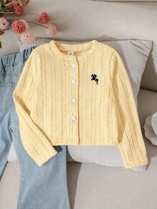SHEIN 女童聚酯纖維圓領長袖刺繡貼花前開扣公主風常規版型服飾 生日派對返校穿搭 - 黃色 - 查看 3