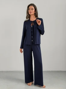 DAZY Set Piyama Wanita Atasan Camisole Kancing Warna Polos, Kardigan Renda Lengan Panjang, dan Celana Panjang - Navy Blue - View 5