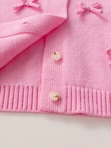 4-7 Years Old Girls Bowknot Decor Single-Breasted Knit Cardigan With Ruffle Cuffs And Pleated Skirt 2 Pieces Set, Sweet Spring/Autumn Sweater Outfit - Pink - View 5