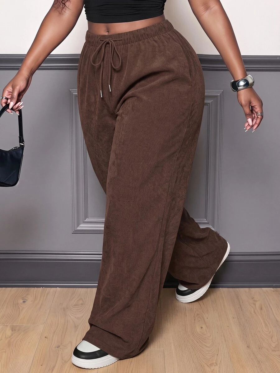 Slaydiva Plus Size Women's Brown Casual Pants - Autumn Daily Loose Street Style, Versatile All-Match Long Pants, Suitable For Parties, Formal Occasions And Vacation Wear - Brown - View 1