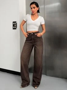SHEIN Women High Waist Light Wash Wide Leg Casual Jeans Curve - Dark Wash - View 5