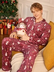 Notgurli Men's Flannel Christmas Penguin All-Over Print Pajama Set, Burgundy Lapel Cardigan Long Sleeve Top And Pants, 2 Pieces Autumn/Winter Loungewear - Burgundy - View 1