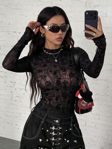EgrlEra Halloween Vintage Gothic Dark Style Mesh Top, Flocked Pattern Stand Collar Elastic Slim Fit Semi-Sheer Long Sleeve Top - Black - View 4