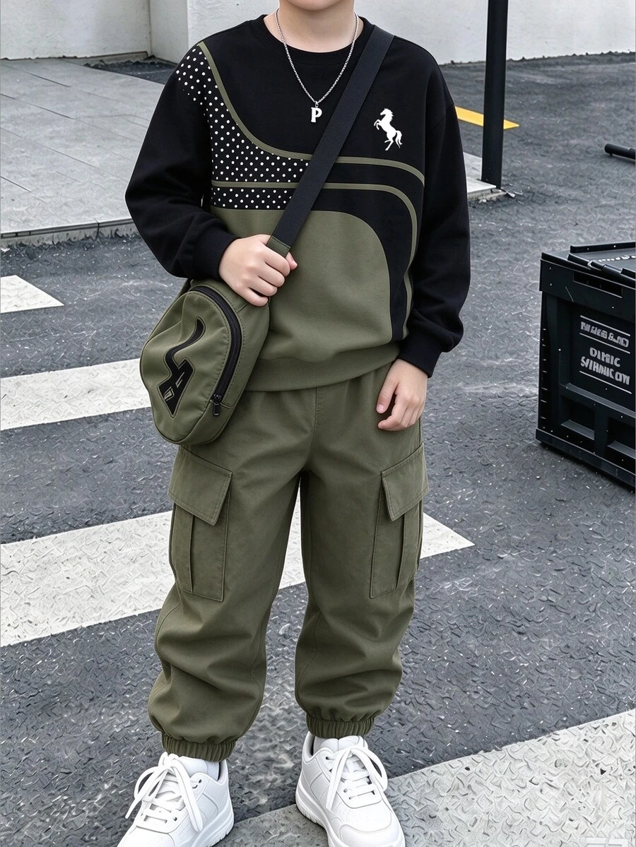 Teen Boys Striped Polka Dot Horse Logo Print Black & Green Colorblock Versatile Comfortable Crew Neck Sweatshirt + Army Green Jogger Cargo Pants Set, Suitable For All Seasons - Multicolor - View 1