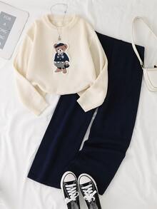 SHEIN Tween Girl Bear Patchwork Knit Sweater Set, 2pcs Knit Sweater And Wide Leg Pants Set, Round Neck Sweater, Bear Patchwork Embroidery, Knit Wide Leg Long Pants, Girls 2pcs Set - Multicolor - View 1