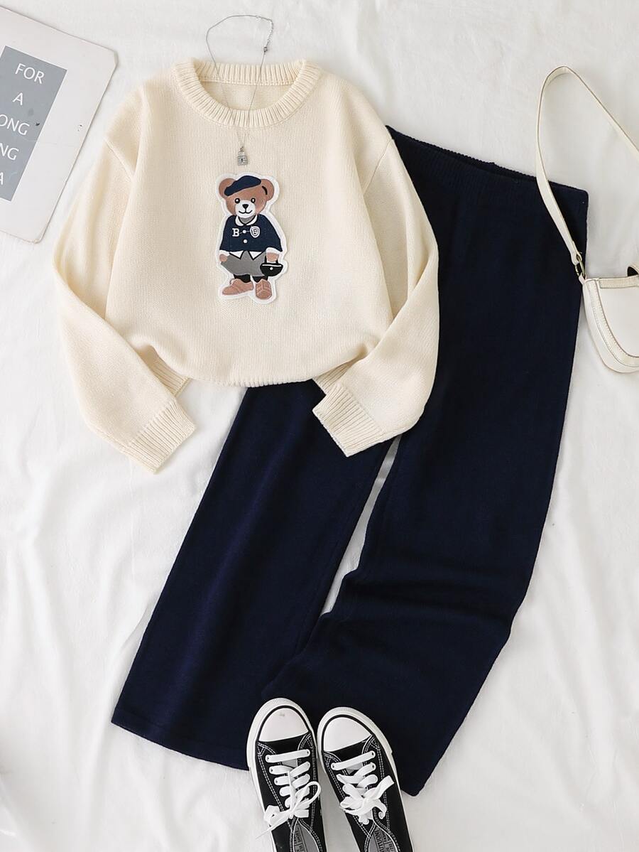 SHEIN Tween Girl Bear Patchwork Knit Sweater Set, 2pcs Knit Sweater And Wide Leg Pants Set, Round Neck Sweater, Bear Patchwork Embroidery, Knit Wide Leg Long Pants, Girls 2pcs Set - Multicolor - View 1