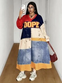 Maweii Colorblock Patchwork V-Neck Letter Print Long Sleeve Dress Sweatshirt - Multicolor - View 1