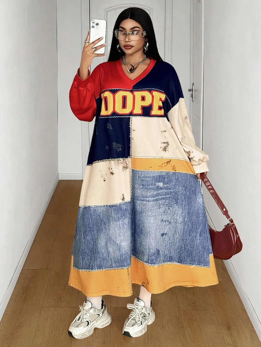 Maweii Colorblock Patchwork V-Neck Letter Print Long Sleeve Dress Sweatshirt - Multicolor - View 1