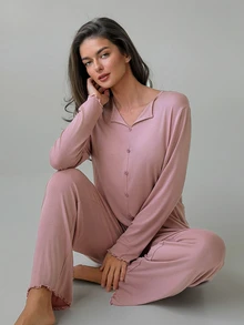 DAZY Women's Solid Color Single-Breasted Long Sleeve Top And Pants Pajama Set - Pink - View 3