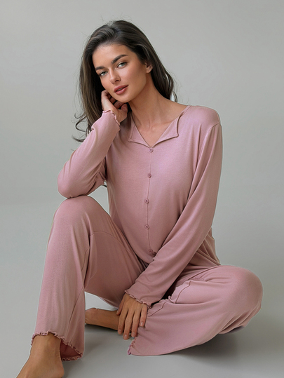 DAZY Women's Solid Color Single-Breasted Long Sleeve Top And Pants Pajama Set
