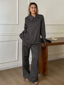 Livesso Women's 2pcs Set: Grey Round Neck Long Sleeve Fitted Waist Top And High Waist Loose Wide Leg Pants, Autumn/Winter - Grey - View 5