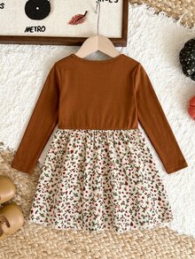 SHEIN Baby Girl Knit Solid Color Round Neck Patchwork Cute Floral Hem Casual Dress, Suitable For Autumn/Winter,New Fall Styles - Multicolor - View 2