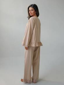 Livesso Women's Solid Color Square Neck Lace Patchwork Fashion Minimalist Pajama Set - Khaki - View 2