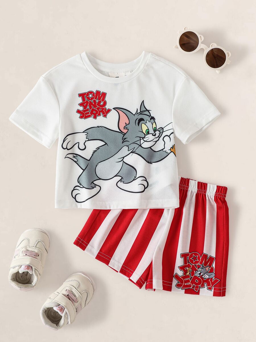 TOM & JERRY X SHEIN 女嬰卡通圖案短袖圓領T恤與條紋短褲2件套 - 紅色 - 查看 1