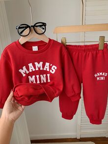 SHEIN 男嬰春夏休閒運動衫套裝，純色印字款 - 紅色 - 查看 8