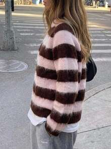 Livesso Women's Pink Round Neck Button Cable Knit Long Sleeve Slim Fit Ribbed Cardigan, Autumn/Winter - Pink - View 2