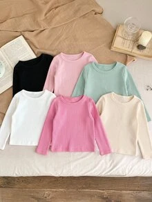 SHEIN LMoss Kids 6件組 LMoss 女嬰多功能彈性針織純色長袖打底上衣，秋季/冬季百搭 - 彩色 - 查看 4