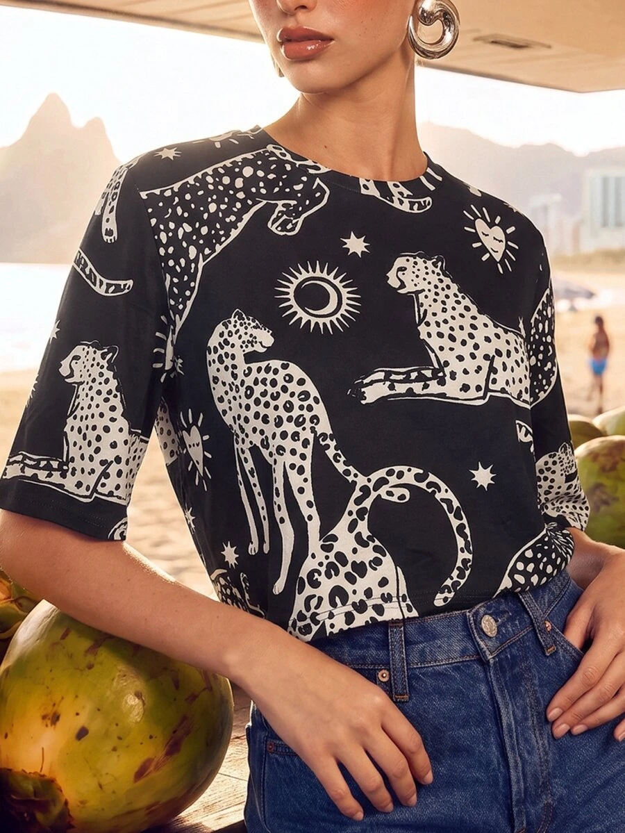 CAJUNI Women's Animal Print Casual Everyday T-Shirt - Black - View 1