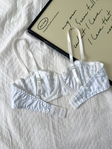 Napfluff Women's Lace Patchwork Bow Decor Spaghetti Strap Bra And Thong Lingerie Set - Blue and White - View 7