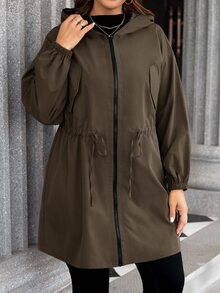 SHEIN LUNE 大尺碼純色連帽前開襟拉鍊休閒長袖夾克 秋季衣物 適合登山、家庭度假 橄欖綠 - 咖啡棕 - 查看 6