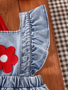 SHEIN Baby Girl Denim Overall Dress And Long Sleeve Red Knit Pullover Jumpsuit 2pcs Set, Little Red Flower Pattern With Ruffle Flutter Sleeves, Versatile Outfit For Autumn Winter Holiday Party Gathering Photo Shoot And Outings - Red - View 7