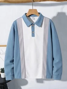 SHEIN 兒童青少年男孩休閒運動拼接拼色藍色長袖 Polo 衫，基礎上衣，適合秋冬、聖誕節、萬聖節、校園穿著 - 藍色 - 查看 2