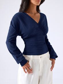 LYSMO Women's Casual, Versatile, Solid-Color, Waist-Cinching Top-A Perfect Navy Blue Piece For Everyday Autumn Outings. - Navy Blue - View 5