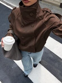 Muchica 女款純色立領休閒百搭日常通勤風衣外套 工作日常穿搭 淺灰色 秋季 - 棕色 - 查看 6