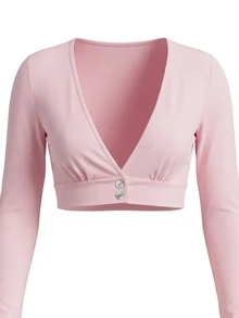 Sweetra CURVE Plus Size Autumn/Winter Deep V-Neck Sexy Button-Front Shell Button Long Sleeve Sexy Super Short T-Shirt - Pink - View 5