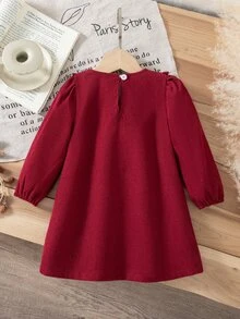 Infant & Baby GirlFloral Patchwork Frill Trim Corduroy Long Sleeve Dress, Burgundy A-Line Princess Dress - Burgundy - View 2