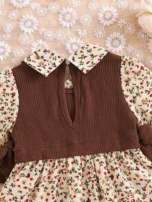 SHEIN Baby Girl Floral Bow Long Sleeve Colorblock Collar Dress - Brown - View 3