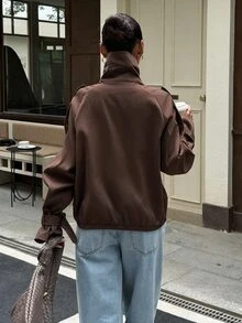 Muchica 女款純色立領休閒百搭日常通勤風衣外套 工作日常穿搭 淺灰色 秋季 - 棕色 - 查看 2