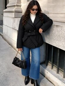 Easura Plus Size Quilted Long Sleeve Padded Coat With Pockets, Autumn/Winter - Black - View 4