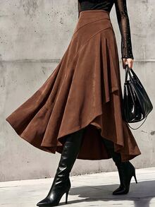 Balvessa Elegant Commute Modern Date Loose A-Line Asymmetrical Women's Mid-Length Skirt Brown Coffee Corduroy Spring Autumn Winter - Brown - View 3