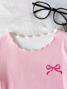 SHEIN Tween Girl Pajamas, Simple Cute Retro Polka Dot Cartoon Bear Pattern, Round Neck Short Sleeve Long Pants With Ruffle Hem, - Pink - View 6