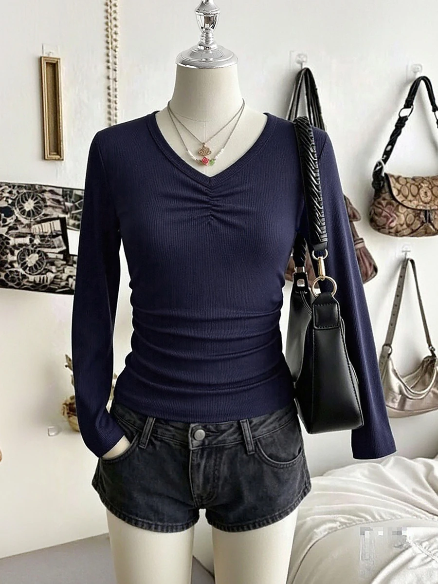 SHEIN 1件青少年女孩羅紋布料長袖休閒百搭INS風舒適寬鬆百搭 Polo 羅紋 T恤 春秋上衣 校園穿搭 - 藍色 - 查看 1