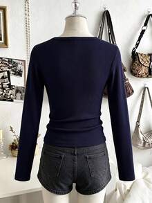 SHEIN 1件青少年女孩羅紋布料長袖休閒百搭INS風舒適寬鬆百搭 Polo 羅紋 T恤 春秋上衣 校園穿搭 - 藍色 - 查看 2